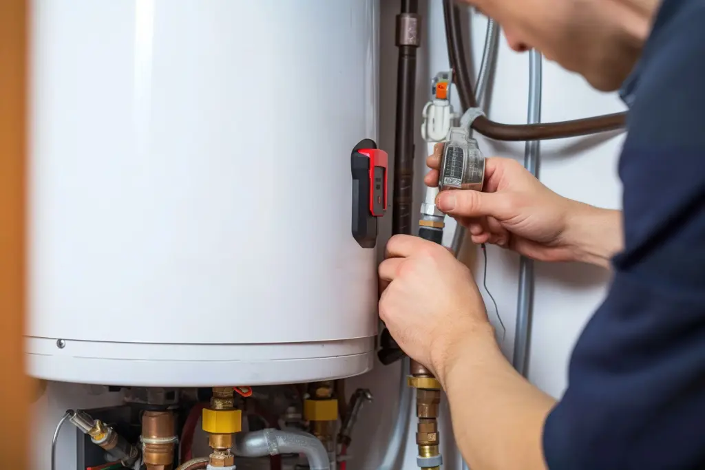 Technician's hands adjusting a fitting on copper piping beside a white tank water heater.